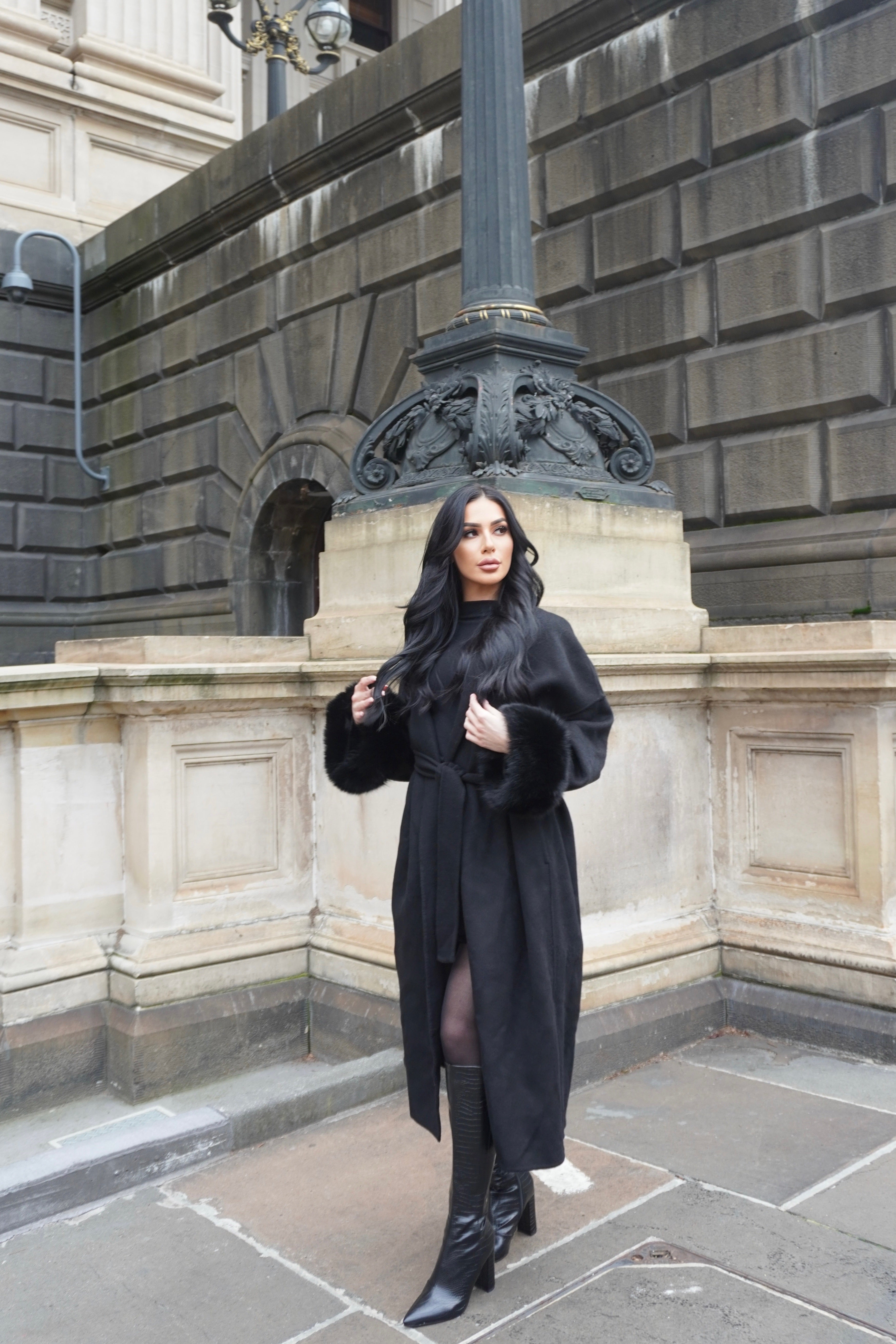 MANTEAU FOX FUR COAT - BLACK